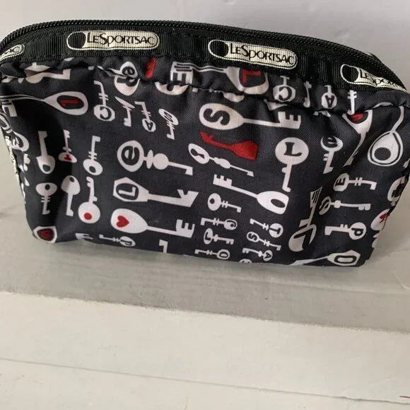 LESPORTSAC 2 SMALL BAGS POUCHES COSMETIC BAGS BLACK KEY PATTERN - Picture 8 of 10